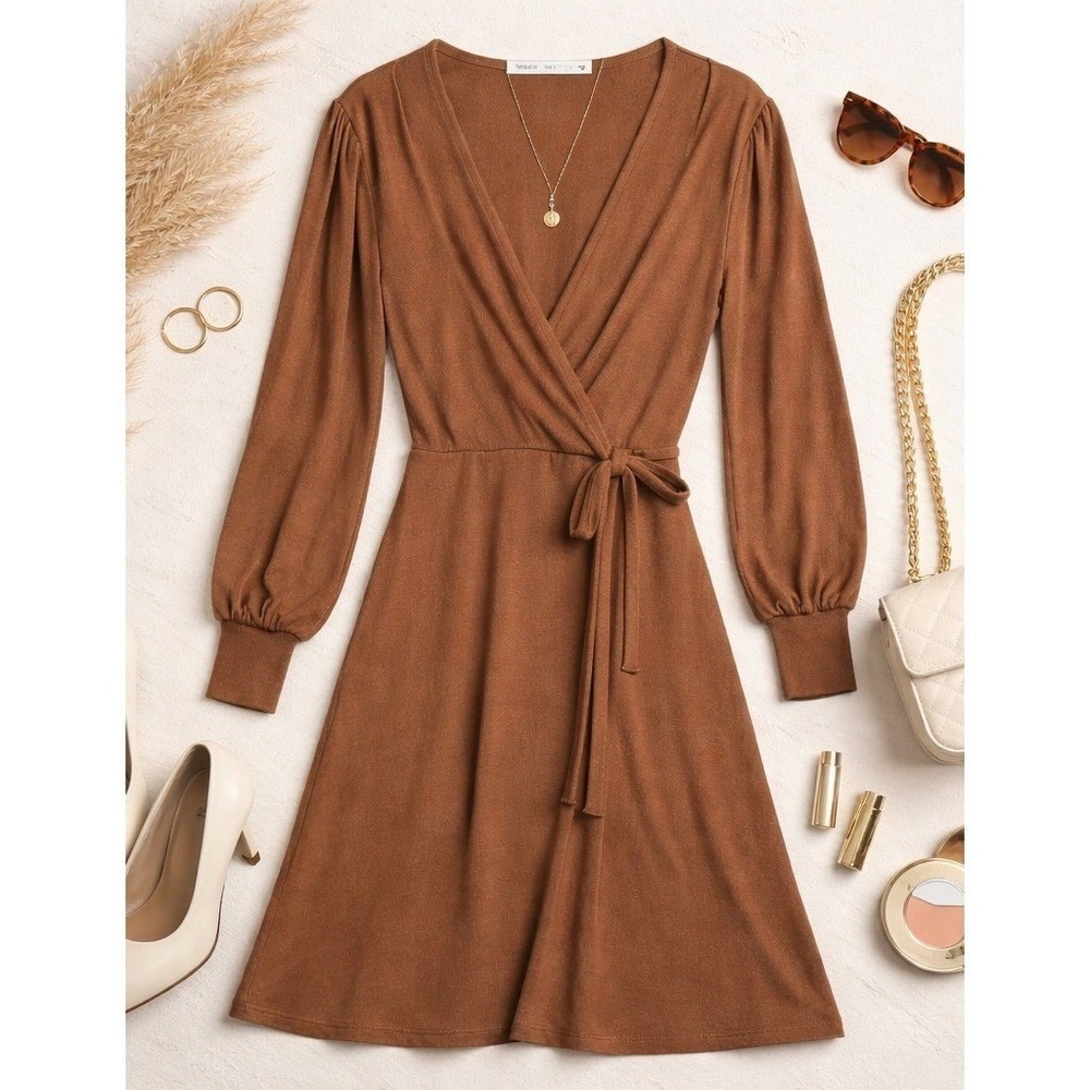 New Fraiche by J Womens Dress Rust Long Slve Faux Wrap Midi Tie L MSRP $125. USA